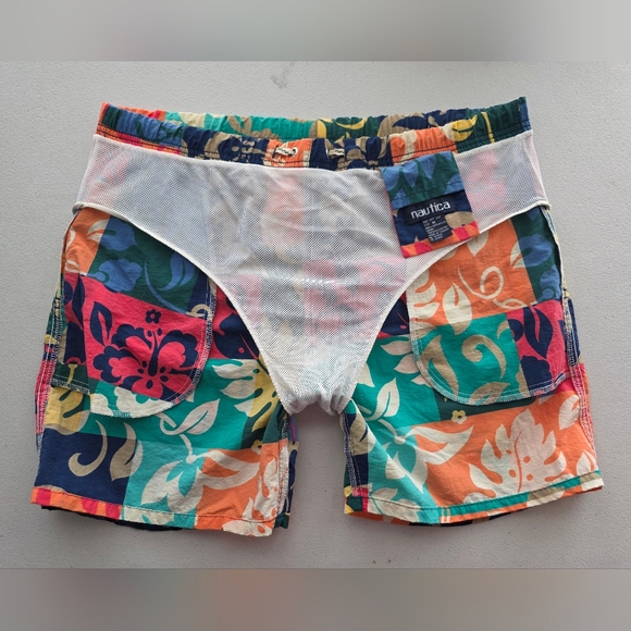 Vibrant Retro Y2K Tropical Patchwork Floral Swim Trunks - Dopamine Dressing - Picture 6 of 13